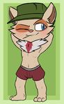  2015 3_toes abs anthro armpits athletic blue_eyes blush border boxer_briefs boxers_(clothing) brown_fur brown_markings chest_tuft clothed clothing colored cute digital_drawing_(artwork) digital_media_(artwork) eyebrows fluffy fur green_background hands_behind_head hat inner_ear_fluff league_of_legends looking_back male mammal markings multicolored_fur navel nipples one_eye_closed pink_nipples pink_nose pinup pose red_clothing riot_games seductive short simple_background slit_pupils small_male smile solo tan_fur teemo toes topless tuft two_tone_fur underwear veigar-chan video_games yordle 