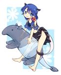 :3 animal_ears bikini blue_eyes blue_hair commentary_request doremy_sweet inflatable_toy no_hat no_headwear sarong simple_background solo swimsuit tail tama_(soon32281) tapir touhou 