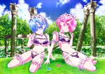  bikini blue_eyes blue_hair bush column frills garter_belt glass hair_ornament hair_over_one_eye highleg highleg_bikini highleg_swimsuit kurimuzon maid_bikini maid_headdress multiple_girls pillar pink_eyes pink_hair plant ram_(re:zero) re:zero_kara_hajimeru_isekai_seikatsu rem_(re:zero) short_hair siblings sisters swimsuit twins vines x_hair_ornament 