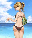  ass blonde_hair bracelet cloud day earrings elf food from_behind fruit green_eyes green_nails highres jewelry kinketsu lips long_hair looking_at_viewer looking_back mizuhashi_parsee nail_polish pointy_ears ponytail shoulder_blades sky smile solo swimsuit touhou water watermelon 