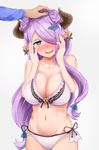  bikini blue_eyes breasts double_bun draph earrings granblue_fantasy grey_background hair_over_one_eye heart heart-shaped_pupils highres horns jewelry large_breasts narmaya_(granblue_fantasy) navel oumi_(rsag) out_of_frame petting pointy_ears purple_hair simple_background smile solo_focus swimsuit symbol-shaped_pupils white_bikini 