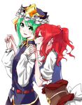  :d ^_^ arm_garter asymmetrical_hair bad_id bad_pixiv_id blue_vest blush closed_eyes commentary_request green_eyes green_hair hair_bobbles hair_ornament hat hat_ornament holding_hands interlocked_fingers long_sleeves mappe_(778exceed) multiple_girls obi onozuka_komachi open_mouth parted_lips puffy_long_sleeves puffy_sleeves red_hair red_ribbon ribbon sash shiki_eiki smile touhou two_side_up upper_body vest 