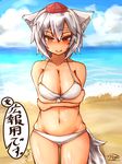 absurdres animal_ears bega bikini breasts collarbone eyebrows forced_smile groin hat highres inubashiri_momiji large_breasts looking_at_viewer navel ocean red_eyes short_hair silver_hair solo speech_bubble swimsuit tail thick_eyebrows tokin_hat touhou translated tsurime white_bikini wolf_ears wolf_tail 