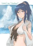  bikini_top blue_hair breasts cleavage cloud cloudy_sky copyright_name day downscaled front-tie_bikini front-tie_top gin_moku highres large_breasts long_hair love_live! love_live!_sunshine!! matsuura_kanan md5_mismatch midriff navel ocean ponytail purple_eyes resized sky solo towel towel_around_neck upper_body 