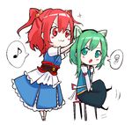  :3 :o alternate_headwear animal_ears asymmetrical_hair bad_id bad_pixiv_id blouse blush_stickers cat_ears chibi eighth_note green_eyes green_hair hair_bobbles hair_ornament hands_on_lap hands_together japanese_clothes long_hair long_sleeves looking_at_another mappe_(778exceed) motion_lines multiple_girls musical_note obi onozuka_komachi open_mouth puffy_short_sleeves puffy_sleeves red_eyes red_hair sash shiki_eiki short_sleeves sitting sketch skirt sparkle spoken_musical_note spoken_squiggle squiggle stool touhou two_side_up v-shaped_eyebrows vest white_background 