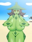  ambiguous_gender anthro areola beach big_breasts breasts cacturne cactus covering deadpliss_(artist) female flora flora_fauna green_body green_nipples hair hand_on_breast hat huge_breasts humanoid lactating mammal nintendo nipples nora nude plant pok&eacute;mon pussy seaside smile thick_thighs video_games wide_hips 