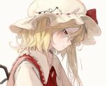  blonde_hair flandre_scarlet hat hat_ribbon long_hair looking_down mob_cap profile red_eyes red_ribbon ribbon sad simple_background solo touhou upper_body vest white_background wings yushika 