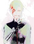  1boy blood fingerless_gloves gloves green_hair hair_over_one_eye half-closed_eyes looking_at_viewer male_focus nail_polish parted_lips personification red_nails rimasogebu simple_background solo touken_ranbu uguisumaru upper_body 