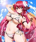  armlet bikini breasts cattleya_(flower_knight_girl) choker covered_nipples cowboy_shot flower flower_knight_girl gradient_sarong hair_flower hair_ornament hair_ribbon highres large_breasts long_hair looking_at_viewer masako_(sabotage-mode) multicolored multicolored_sarong orchid red_eyes red_hair ribbon sarong sarong_removed shiny shiny_skin side-tie_bikini smile solo swimsuit towel water 