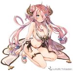  ahoge ankle_ribbon bare_arms bikini blue_eyes breasts cleavage closed_mouth cloth double_bun draph earrings frilled_bikini frills full_body glint granblue_fantasy hair_ornament hair_over_one_eye hairclip harunoibuki high_heels holding holding_hair horns jewelry large_breasts lavender_hair long_hair narmaya_(granblue_fantasy) pointy_ears purple_hair ribbon shade shoes side-tie_bikini sideboob simple_background single_earring smile solo stomach swimsuit text_focus white_background white_bikini white_footwear 