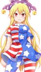  absurdres american_flag_dress american_flag_legwear arms_at_sides ass_visible_through_thighs blonde_hair blush breasts clownpiece cowboy_shot dress hat highres hiro_(pqtks113) jester_cap long_hair looking_at_viewer medium_breasts neck_ruff pantyhose parted_lips polka_dot red_eyes short_dress short_sleeves simple_background smile solo standing star star_print striped striped_legwear touhou very_long_hair white_background 