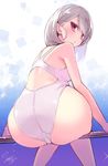  ass aya-chan_(minoa) back blue_eyes blush breasts competition_swimsuit looking_at_viewer looking_back medium_breasts minoa_(lastswallow) one-piece_swimsuit original purple_eyes short_hair silver_hair sitting solo swimsuit 