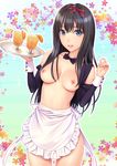  absurdres apron bad_id bad_pixiv_id banned_artist black_hair blue_eyes bow bowtie breasts drink flower food fruit hair_bow hair_ribbon highres long_hair medium_breasts n.g. nipples orange original ribbon smile solo tray waist_apron wrist_cuffs 