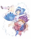  american_flag american_flag_legwear blonde_hair blue_bow blue_dress blue_eyes blue_hair blush bow brown_footwear cirno clownpiece colorized commentary_request daidaiiro dress hair_bow hat highres holding_hands ice ice_wings jester_cap long_hair momoirone multiple_girls neck_ruff one_eye_closed open_mouth outstretched_arm pantyhose polka_dot puffy_short_sleeves puffy_sleeves red_ribbon ribbon shoes short_hair short_sleeves simple_background smile socks star star_print striped teeth touhou very_long_hair water water_drop white_background white_legwear wings 