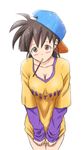  bent_over breasts brown_eyes brown_hair cleavage collarbone covering covering_crotch dragon_ball dragon_ball_z earrings food genderswap genderswap_(mtf) hat jewelry large_breasts mouth_hold mugensuima pocky shirt_tug sideways_hat solo son_gohan 