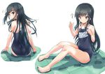  ? adjusting_clothes adjusting_swimsuit alternate_costume arm_support asashio_(kantai_collection) ass bare_arms bare_legs barefoot black_hair blue_eyes blue_swimsuit character_name checkered checkered_floor competition_school_swimsuit covered_navel from_behind full_body kantai_collection long_hair looking_at_viewer looking_down moonstar multiple_views name_tag one-piece_swimsuit school_swimsuit sitting spoken_question_mark swimsuit swimsuit_pull thighs wet wet_clothes wet_swimsuit 