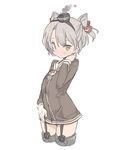  alternate_hair_length alternate_hairstyle amatsukaze_(kantai_collection) black_hat blade_(galaxist) brown_eyes brown_shirt closed_mouth cowboy_shot cropped_legs garter_straps gloves hair_tubes hairband hand_on_neck hat kantai_collection long_sleeves looking_at_viewer mini_hat no_pants sailor_collar shirt short_hair silver_hair single_glove smoke solo standing thigh_strap thighhighs two_side_up white_gloves 