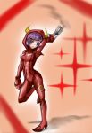  1girl artist_request bodysuit breasts creatures_(company) game_freak gun hood hoodie horns kagari_(pokemon) kagari_(pokemon_oras) metroid nintendo pokemon pokemon_(game) pokemon_oras purple_hair red_bodysuit samus_aran samus_aran_(cosplay) short_hair source_request thighs weapon zero_suit 