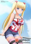  1girl airi_akizuki blonde_hair blue_eyes breasts large_breasts nipples oni_chichi patreon shorts solo zel-sama 