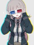  3d_glasses bad_id bad_pixiv_id chromatic_aberration danganronpa flipped_hair hair_ornament hood hoodie kobeni nanami_chiaki short_hair silver_hair solo super_danganronpa_2 