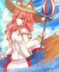  animal_ears breasts closed_umbrella ears_through_headwear fate/extra fate/grand_order fate_(series) fox_ears fox_tail hat highres medium_breasts parasol pink_hair ririku shirt solo sun_hat tail tamamo_(fate)_(all) tamamo_no_mae_(fate) tamamo_no_mae_(swimsuit_lancer)_(fate) umbrella water white_shirt yellow_eyes 