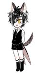  1boy animal_ears arms_behind_back black_hair blush body_blush chibi child collared_shirt eyepatch fang full_body garters kneehighs male_focus necktie open_mouth personification shokudaikiri_mitsutada short_shorts shorts simple_background smile solo standing touken_ranbu white_background wolf_ears wolf_tail yellow_eyes younger zoosama 