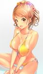  bikini blush breasts brown_eyes brown_hair flower front-tie_bikini front-tie_top hair_flower hair_ornament highres houjou_karen idolmaster idolmaster_cinderella_girls jewelry large_breasts long_hair looking_at_viewer necklace open_mouth ponytail q_(ed69) side-tie_bikini smile solo swimsuit tan tanline wavy_hair wet yellow_bikini 