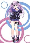  adult_neptune breasts d-pad d-pad_hair_ornament finger_to_mouth hair_ornament holster hood hooded_track_jacket jacket large_breasts long_hair looking_at_viewer neptune_(series) purple_eyes purple_hair saputrad shushing smile solo thigh_holster track_jacket 