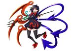  absurdres asymmetrical_wings baba_(baba_seimaijo) black_dress black_hair black_legwear commentary_request dress full_body highres houjuu_nue neck_ribbon polearm red_eyes ribbon short_dress short_hair snake solo tachi-e thighhighs touhou transparent_background trident weapon wings zettai_ryouiki 