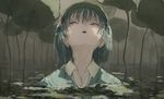  :o bangs blue_eyes blue_hair hair_bobbles hair_ornament hat kawashiro_nitori lake leaf looking_away looking_to_the_side partially_submerged shade short_hair solo touhou two_side_up upper_body water wet wet_hair yushika 