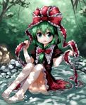  :d bad_id bad_twitter_id barefoot blush bow commentary_request dress forest frills front_ponytail full_body green_eyes green_hair hair_bow hair_ribbon highres kagiyama_hina looking_at_viewer nature no_panties open_mouth partially_submerged pond red_bow red_dress red_ribbon ribbon ruu_(tksymkw) sitting smile solo touhou 