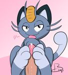  2016 3_toes alolan_meowth ambiguous_gender benji-fox blue_fur cum disembodied_penis feline feral foot_fetish footjob fur humanoid_penis licking looking_at_viewer male mammal nintendo penis pok&eacute;mon signature simple_background toes tongue tongue_out video_games 