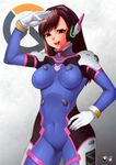  bodysuit brown_eyes brown_hair contrapposto covered_navel cowboy_shot d.va_(overwatch) gloves hand_on_hip headgear impossible_bodysuit impossible_clothes jadenkaiba open_mouth overwatch smile solo standing watermark white_gloves 