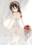  ahoge bare_shoulders black_hair blush bouquet breasts bridal_veil flower garter_straps hair_flaps hair_ornament kantai_collection lace lace-trimmed_thighhighs long_hair naoto_(tulip) panties remodel_(kantai_collection) shigure_(kantai_collection) small_breasts solo thighhighs underwear veil white_legwear white_panties 