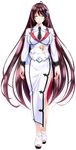  ^_^ amasaka_takashi breasts brown_hair closed_eyes full_body hair_ornament highres katanajou_minamo large_breasts legs_together long_hair necktie official_art sandals side_slit smile solo standing transparent_background uniform unionism_quartet very_long_hair 
