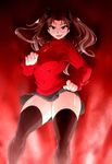  black_hair breasts curvy fate/stay_night fate_(series) highres large_breasts magic miniskirt ryou_sakai skirt solo sweater thighhighs thighs toosaka_rin twintails 