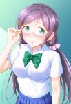  aqua_eyes bespectacled blush bow bowtie bra breasts ckst collared_shirt glasses green_bow hair_ornament hairpin hand_on_eyewear highres large_breasts looking_at_viewer love_live! love_live!_school_idol_festival love_live!_school_idol_project otonokizaka_school_uniform purple_hair school_uniform see-through shirt short_sleeves smile solo toujou_nozomi twintails underwear white_shirt 