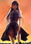  backlighting black_hair blue_neckwear glint grisaia_(series) grisaia_no_kajitsu highres holding holding_knife isshiki_(ffmania7) knife long_hair looking_at_viewer mole mole_under_eye necktie red_eyes sakaki_yumiko solo 