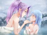  1boy 1girl blue_hair breasts chin_grab chocofox collarbone eye_contact face-to-face from_side grin horn large_breasts long_hair looking_at_another naked_towel nervous_smile onsen partially_submerged ponytail profile purple_eyes purple_hair rimuru_tempest shion_(tensei_shitara_slime_datta_ken) smile snow snowing tensei_shitara_slime_datta_ken towel water yellow_eyes 