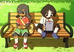  &lt;3 2016 bench bernese_mountain_dog canine clothing doberman doberman_pup_(marimo) dog duo floppy_ears male mammal manizu manmosu_marimo outside shadow shota sitting smile spread_legs spreading tablet young 