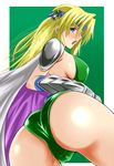  ass blonde_hair blue_eyes blush breasts cape celes_chere final_fantasy final_fantasy_vi from_behind green_leotard headband large_breasts leotard long_hair looking_at_viewer looking_back open_mouth pauldrons sideboob solo wrist_guards yamada_(fanfantaisa) 