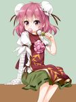  arm_garter arm_support bad_id bad_twitter_id bandaged_arm bandages blush bun_cover chain chinese_clothes commentary_request cuffs dango double_bun eating flower food food_in_mouth green_skirt highres ibaraki_kasen looking_at_viewer pink_eyes pink_flower pink_hair pink_rose puffy_short_sleeves puffy_sleeves rose ruu_(tksymkw) shackles short_hair short_sleeves sitting skirt solo tabard touhou wagashi 