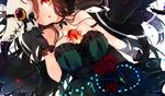  bare_shoulders black_gloves black_hair black_wings breasts cleavage collarbone cross detached_collar dress feathers flower frilled_dress frills gloves green_dress large_breasts latin_cross long_hair looking_at_viewer mokyuko one_eye_closed plague_doctor_mask red_eyes red_flower red_rose reiuji_utsuho rose solo strapless strapless_dress touhou wings 