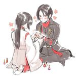  1boy 1girl androgynous beauty_mark belt black_hair blush closed_mouth female_saniwa_(touken_ranbu) full_body japanese_clothes kashuu_kiyomitsu long_hair military_uniform mole mole_under_mouth nail_polish personification ponytail red_eyes red_nails scarf simple_background sitting smile touken_ranbu traditional_clothes tsurime uniform white_background zoosama 