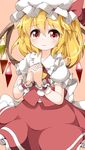  ascot bad_id bad_twitter_id blonde_hair blush commentary_request cowboy_shot crying crying_with_eyes_open crystal flandre_scarlet frilled_shirt_collar frills hands_clasped hat hat_ribbon highres looking_at_viewer mob_cap own_hands_together puffy_short_sleeves puffy_sleeves red_eyes red_ribbon red_shirt red_skirt ribbon ruu_(tksymkw) shirt short_sleeves side_ponytail skirt skirt_set solo tears touhou wings wrist_cuffs 