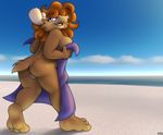  2016 beach brown_fur cervine female fur hair looking_at_viewer looking_back mammal moose nanimoose nude orange_hair outside purple_eyes pussy seaside solo towel 