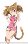  animal_ears brown_hair cat_ears cat_tail china_dress chinese_clothes dress fang full_body looking_at_viewer official_art one_eye_closed paw_pose red_eyes silica silica_(sao-alo) simple_background solo sword_art_online sword_art_online:_code_register tail watermark white_background 