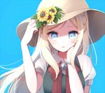  bad_id bad_pixiv_id blonde_hair blue_eyes braid danganronpa flower hand_on_own_cheek hat kobeni long_hair solo sonia_nevermind sun_hat sunflower super_danganronpa_2 