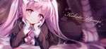  bad_id bad_pixiv_id bow danganronpa hair_bow jacket kobeni long_hair lying on_stomach pink_eyes pink_hair smile solo twintails utsugi_kotoko zettai_zetsubou_shoujo 