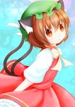  absurdres animal_ears bow bowtie brown_eyes brown_hair cat_ears cat_tail chen commentary_request hat highres looking_at_viewer mob_cap multiple_tails parted_lips short_hair solo tail touhou uru_(uru0301) 